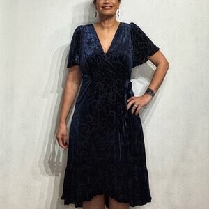Calvin Klein Navy Floral Velvet Faux Wrap Midi Dress Sz 10